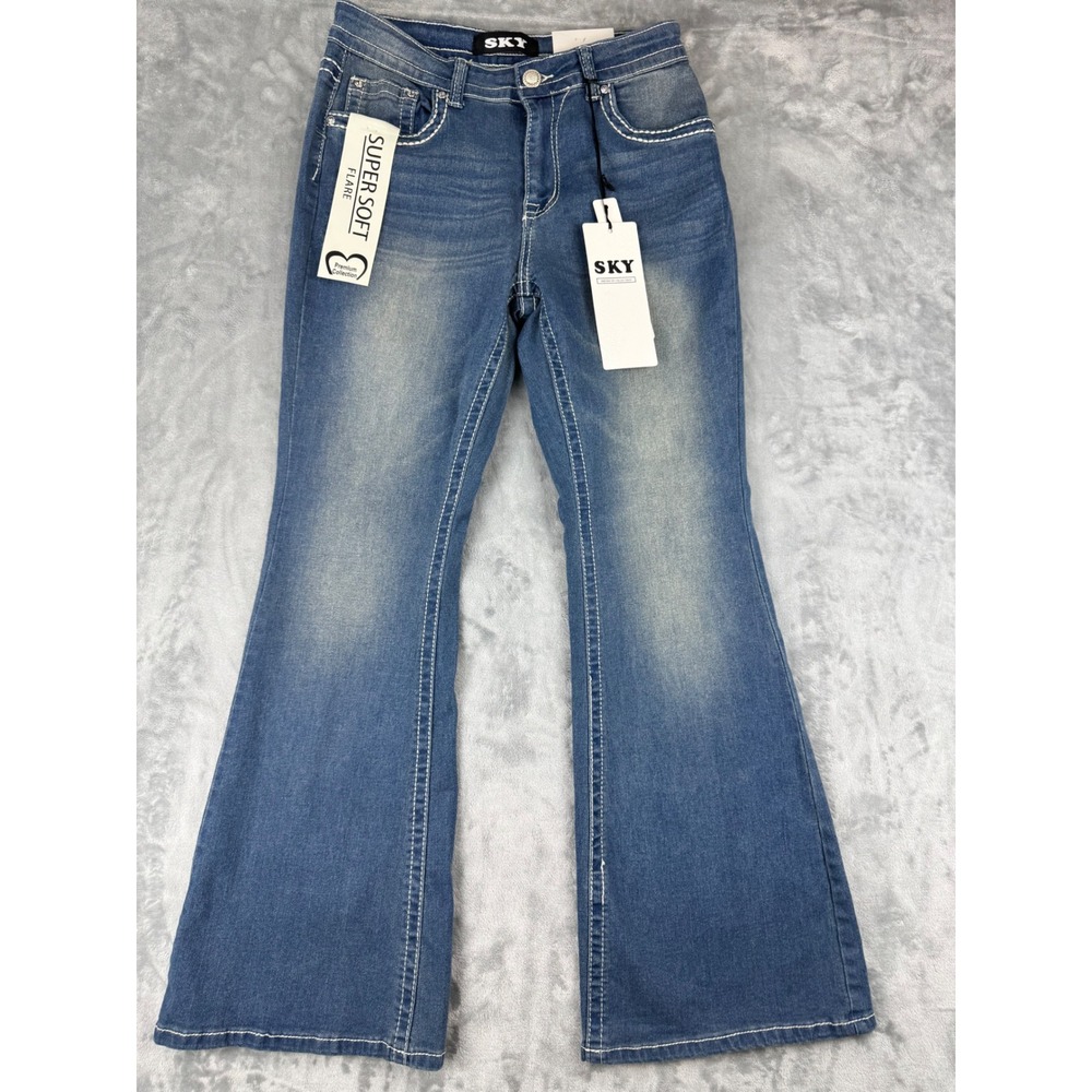 New Women 11/12 Flare Blue Denim Embellished jeans embroidered Bootcut wide leg - Picture 2 of 10